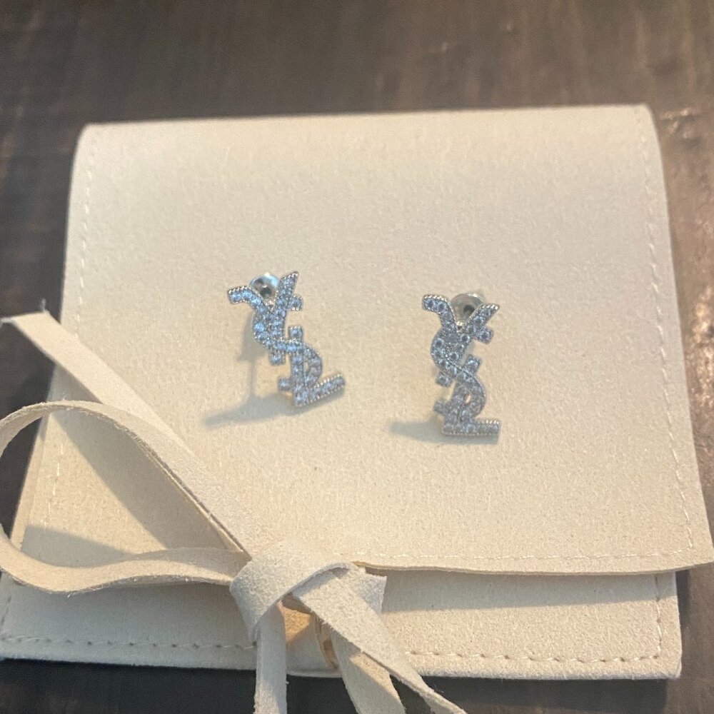 Chic YSL Petite Silver Logo Earrings with Crystal Accents